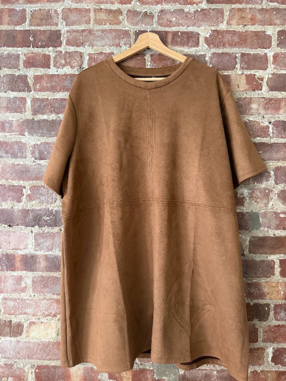 Faux Suede Oversized Mini Dress Camel Brown A-Line Short Sleeve Minimalist
